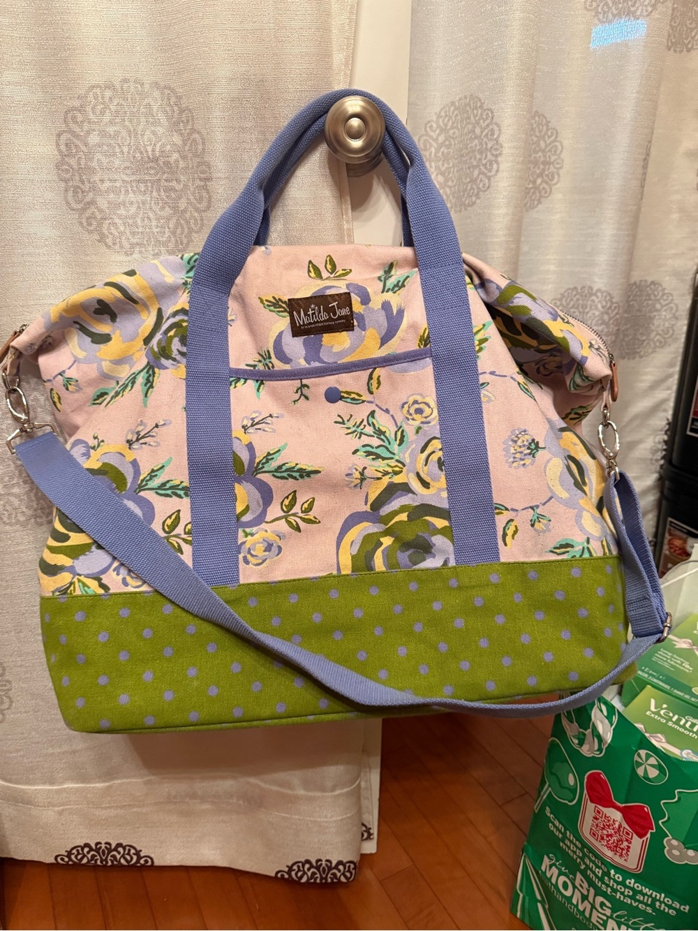 Matilda Jane Lavender Floral XL Weekender Tote with Olive Polka-Dot Base